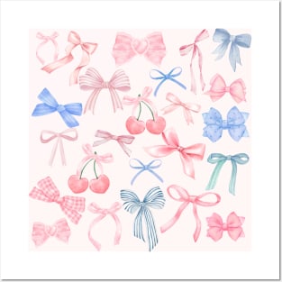 Preppy Girly Cherry Pastel Blue Pink Bow Coquette Posters and Art